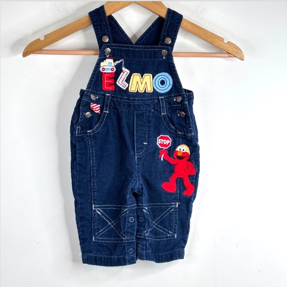 VTG 90s Elmo Corduroy Overalls 3-6M Rare Embroidered Construction Navy Retro Bib - Picture 1 of 9